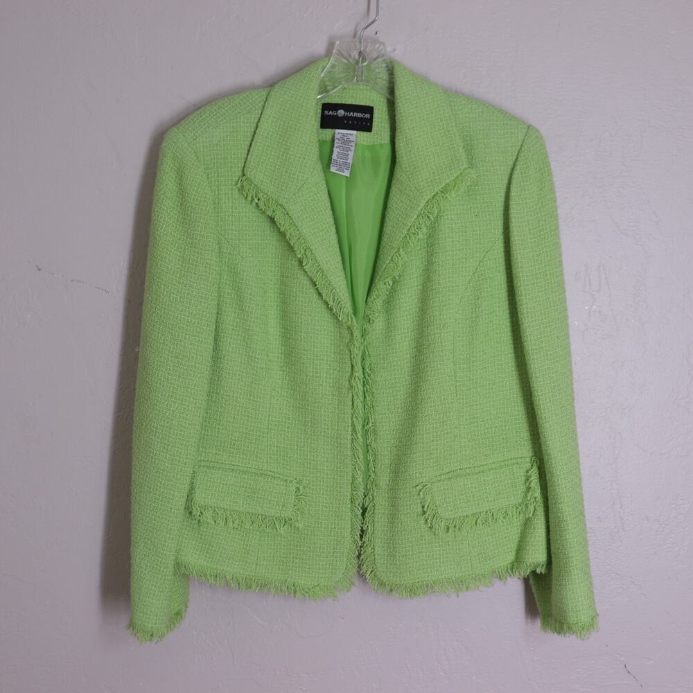 Vintage Sag Harbor Blazer jacket 10 Petite Petite Lime Green Knit Fringe Lined